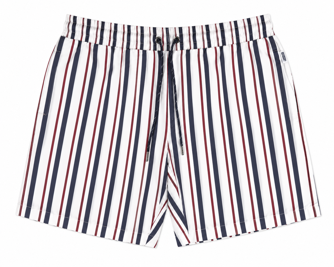Men's swim trunks in Navy/Red Stripe print - Seasonal Resident