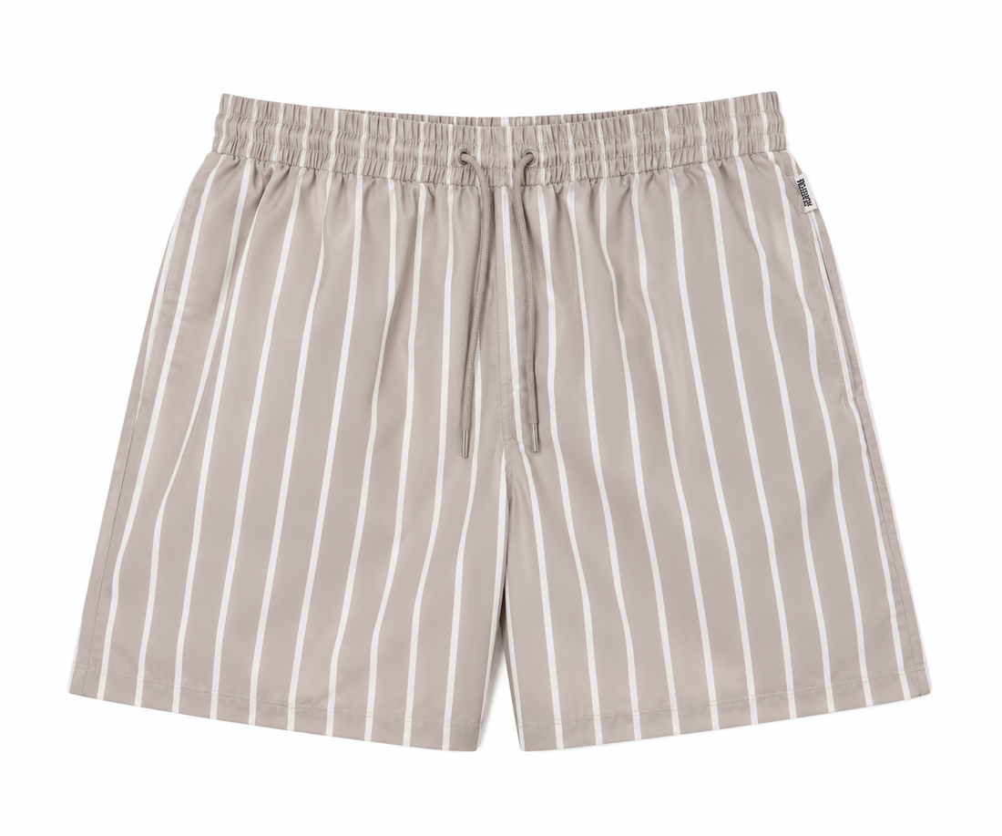 Men's swim trunks in Taupe/White Stripe print - Seasonal Resident