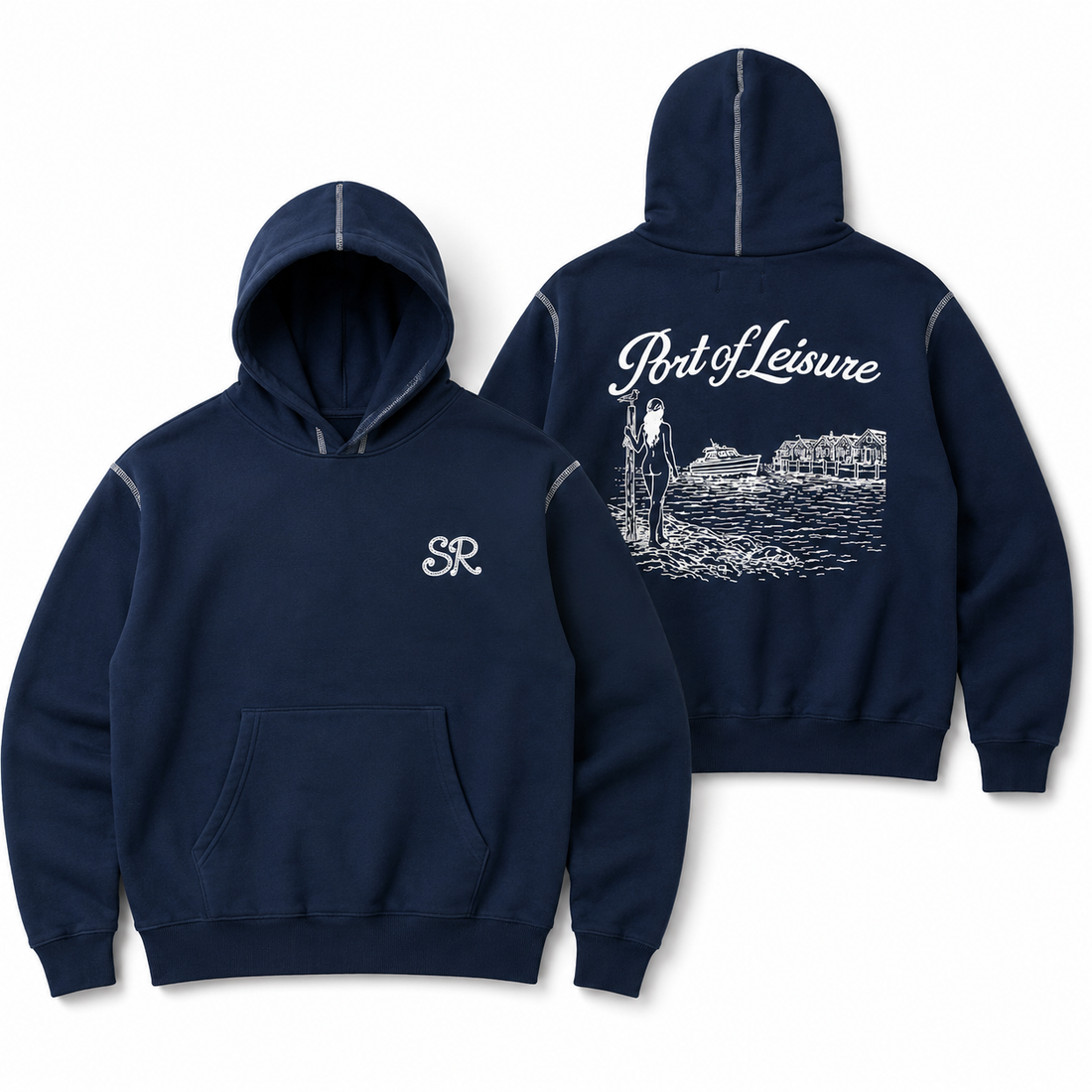 Port of Leisure Wharf Hoodie in navy - brushed fleece pullover