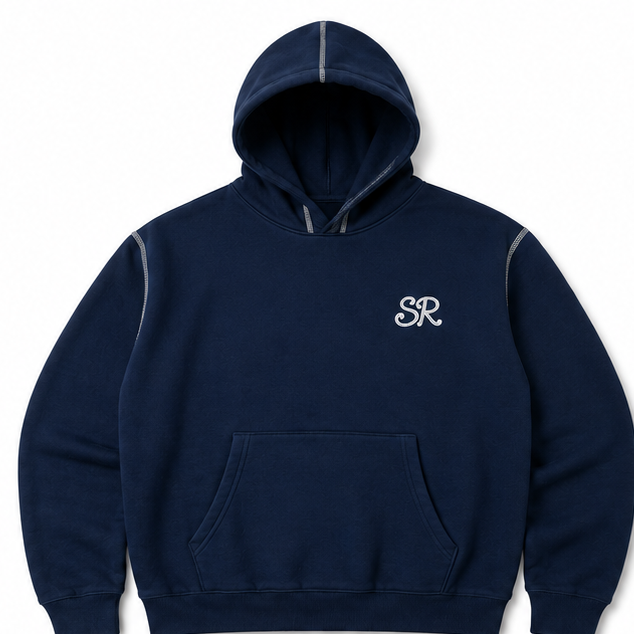 Port of Leisure Wharf Hoodie in navy - brushed fleece pullover, back view