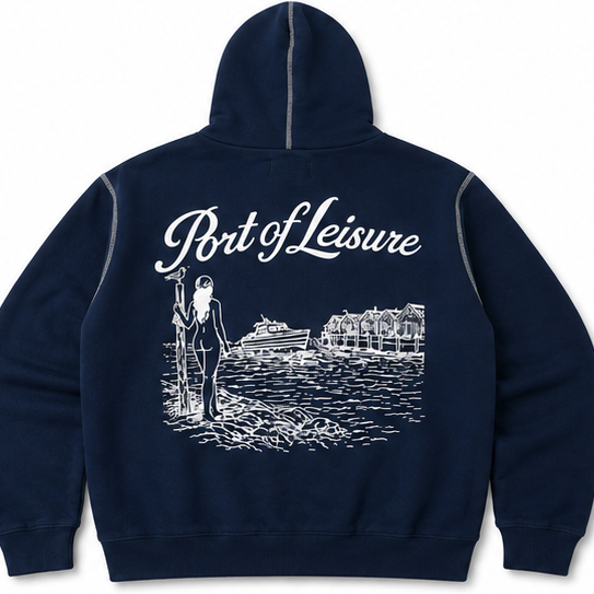 Port of Leisure Wharf Hoodie in navy - brushed fleece pullover, detail