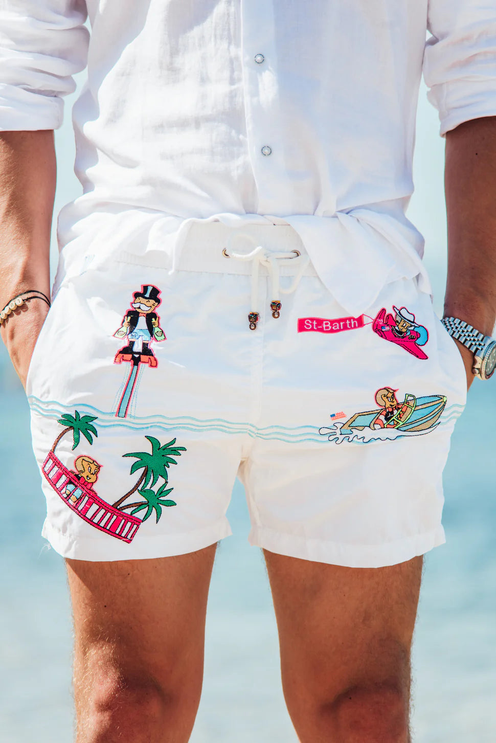 Saint Barths Swim in White - embroidered swim short
