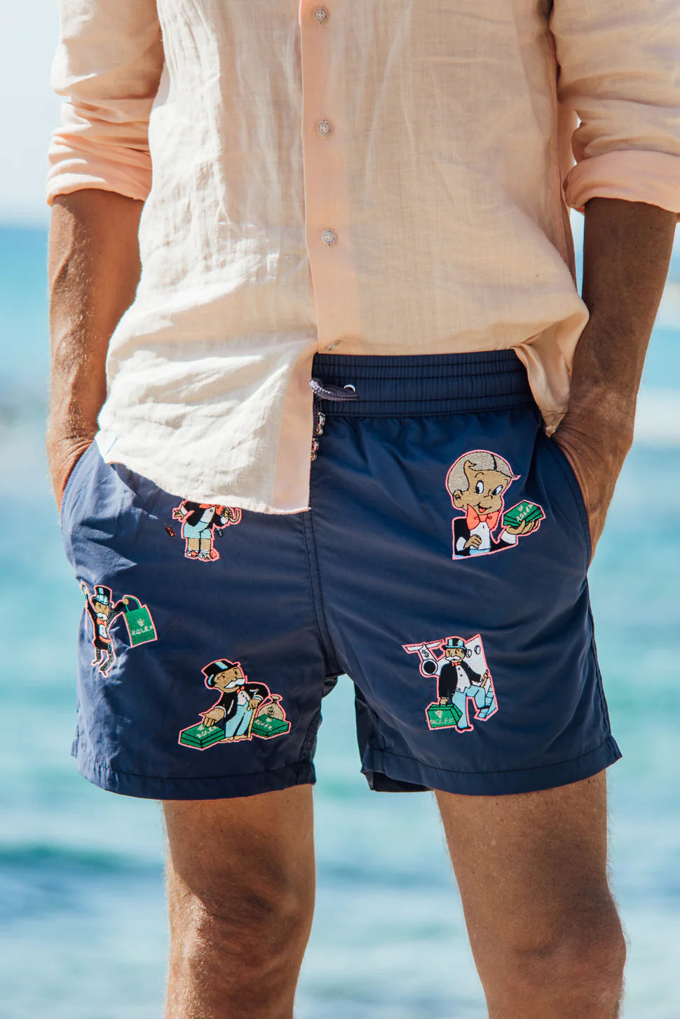 All Over Roro Swim in Navy - Monopoly and Rolex embroidered swim short