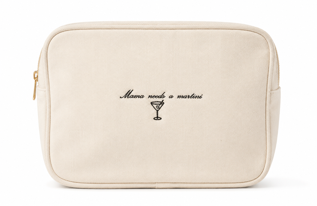 Embroidered Canvas Cosmetic Bag, styled