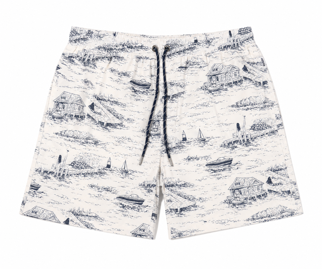 Men's swim trunks in Port of Leisure print - Seasonal Resident