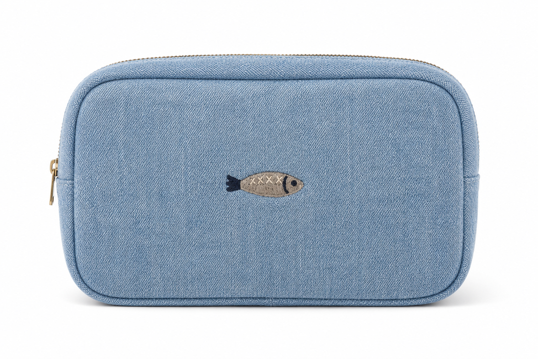 Embroidered Denim Cosmetic Bag, worn