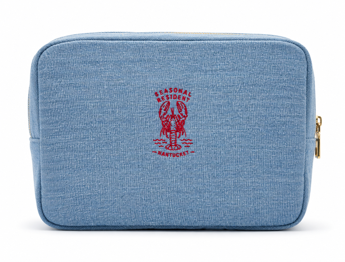 Embroidered Denim Cosmetic Bag