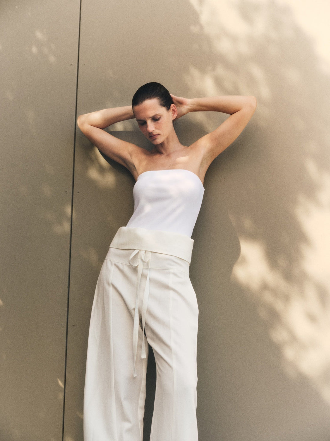 Twill Fisherman Pant in Off White, worn