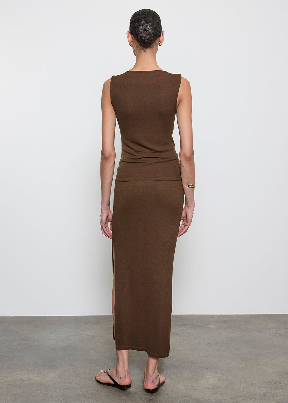 Silk Rib Essential Skirt in Chocolate, worn